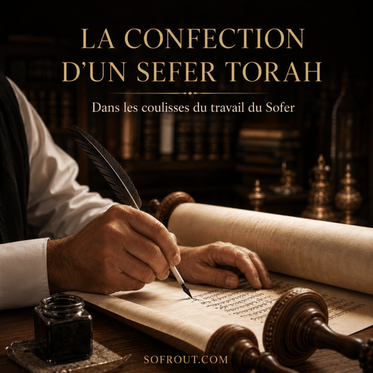 Sofer Stam écrivant à la main un Sefer Torah sur parchemin avec une plume traditionnelle