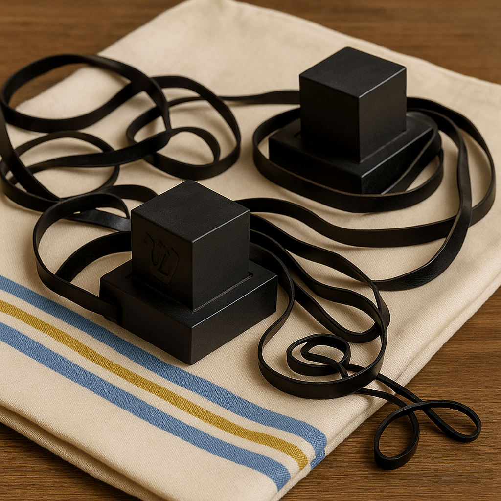 Téfilines posées avec respect sur un talit, symbole de sainteté et de kavod selon la Halakha