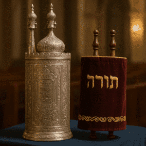 Deux rouleaux de Torah côte à côte sur une table de synagogue : à gauche, une Torah séfarade dans un tik en argent finement ciselé, et à droite, une Torah ashkénaze recouverte d’un manteau en velours bordeaux brodé d’or. Lumière douce mettant en valeur les détails, arrière-plan flou.
