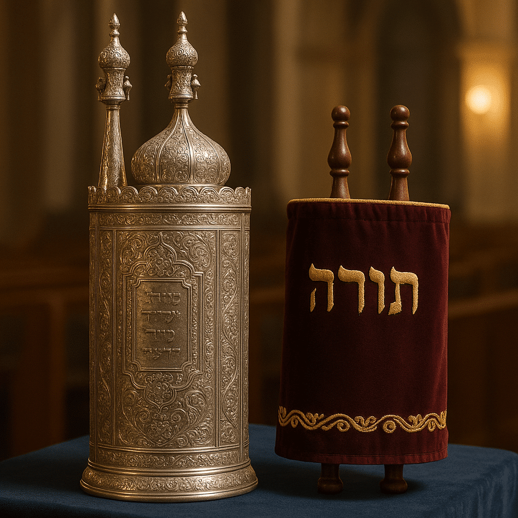 Deux rouleaux de Torah côte à côte sur une table de synagogue : à gauche, une Torah séfarade dans un tik en argent finement ciselé, et à droite, une Torah ashkénaze recouverte d’un manteau en velours bordeaux brodé d’or. Lumière douce mettant en valeur les détails, arrière-plan flou.