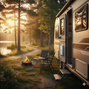 Photo d'une mézouza sur une caravane garée dans un camping, au coucher du soleil