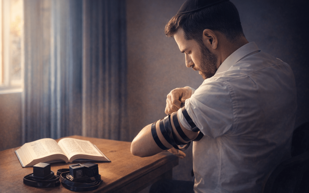 Illustration de la reprise de la pose des tefilines apres interruption, pose correcte sur le bras avec sidour