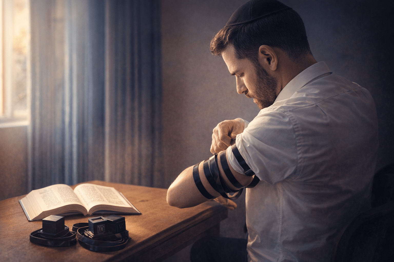 Illustration de la reprise de la pose des tefilines apres interruption, pose correcte sur le bras avec sidour