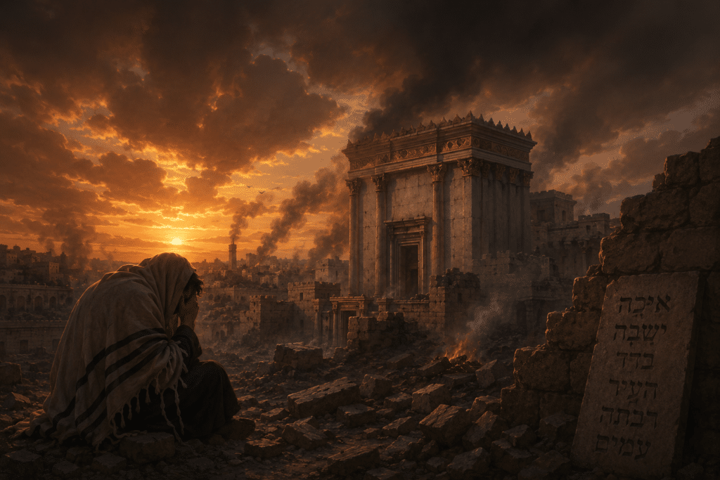 Homme en deuil assis parmi les ruines de Jérusalem, face au Temple détruit, dans une ambiance sombre évoquant Ticha BeAv
